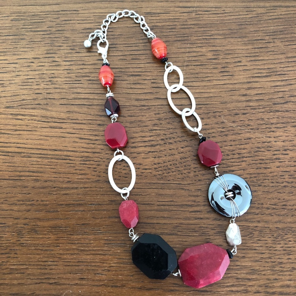 Chico’s Stone Bead Statement Necklace Red Black and Silver